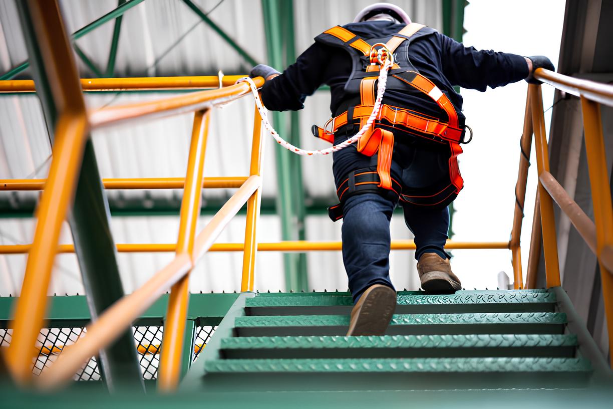 Worker using fall protection gear while ascending industrial stairs on a construction site