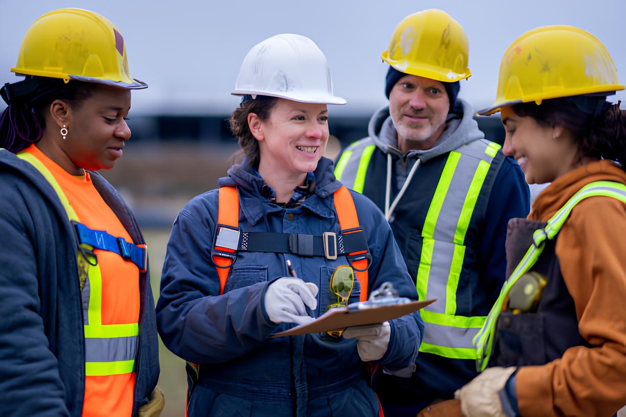 Construction safety officer conducting a site meeting with crew members in full safety gear