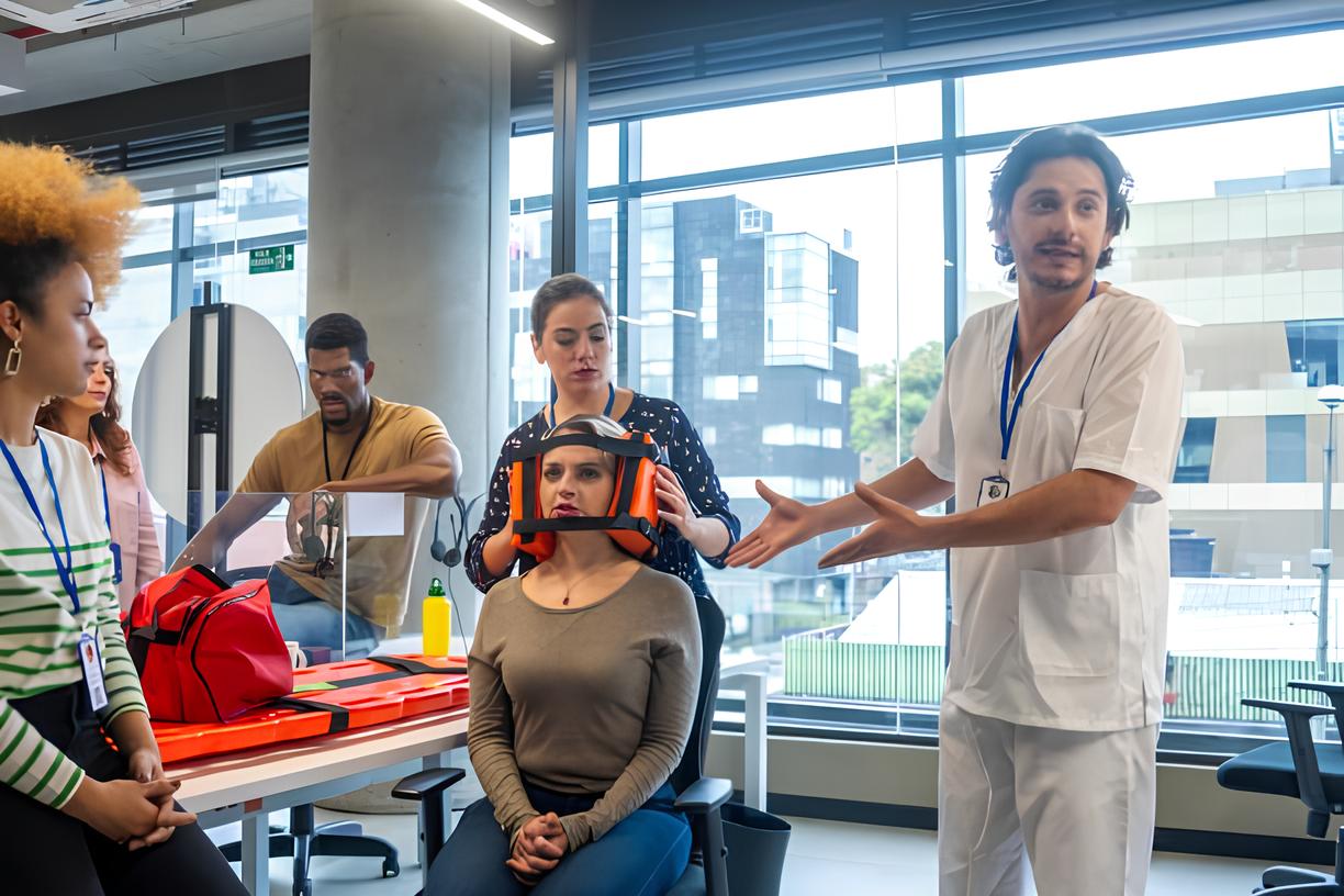 First aid trainer demonstrating cervical immobilization during a first aid certification class in Canada