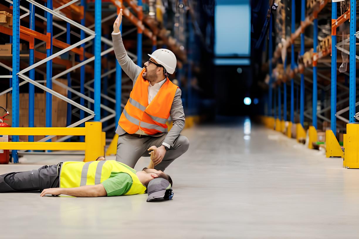 Construction supervisor calling for help after a workplace accident during safety operations